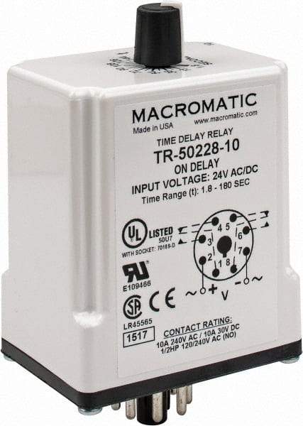 Macromatic - 8 Pin, Multiple Range DPDT Time Delay Relay - 10 Contact Amp, 24 VAC/VDC, Knob - Strong Tooling