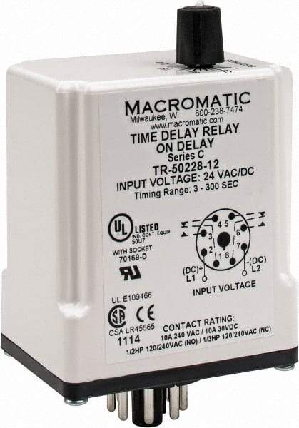 Macromatic - 8 Pin, Multiple Range DPDT Time Delay Relay - 10 Contact Amp, 24 VAC/VDC, Knob - Strong Tooling