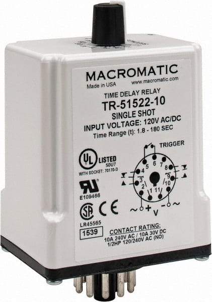 Macromatic - 11 Pin, Multiple Range DPDT Time Delay Relay - 10 Contact Amp, 120 VAC/VDC, Knob - Strong Tooling