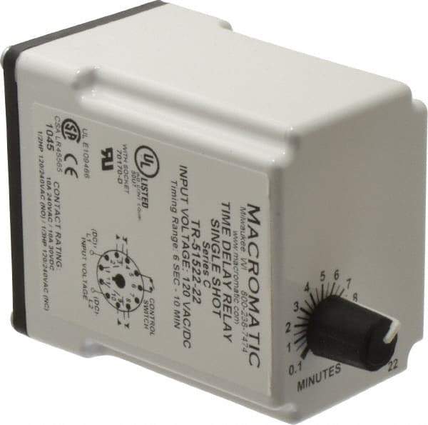 Macromatic - 11 Pin, 10 min Delay, Multiple Range DPDT Time Delay Relay - 10 Contact Amp, 120 VAC/VDC, Knob - Strong Tooling