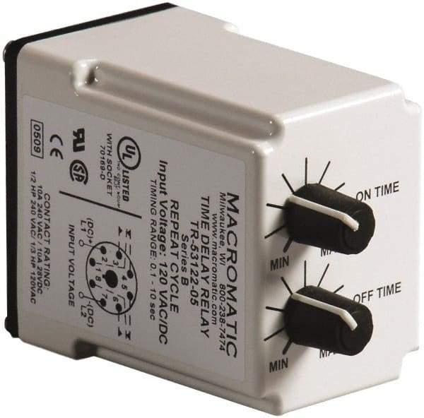 Macromatic - 8 Pin, 10 min Delay, Multiple Range DPDT Time Delay Relay - 10 Contact Amp, 120 VAC/VDC, Knob - Strong Tooling