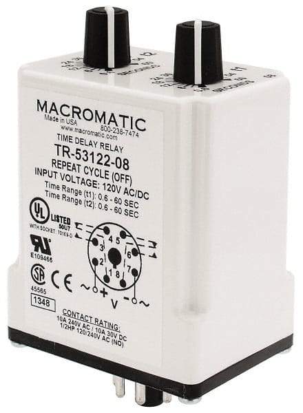 Macromatic - 8 Pin, Multiple Range DPDT Time Delay Relay - 10 Contact Amp, 120 VAC/VDC, Knob - Strong Tooling