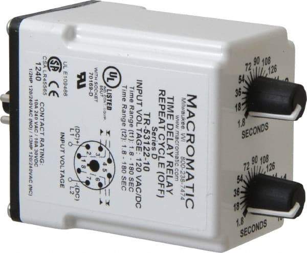 Macromatic - 8 Pin, Multiple Range DPDT Time Delay Relay - 10 Contact Amp, 120 VAC/VDC, Knob - Strong Tooling