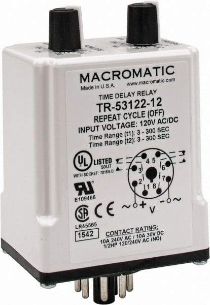 Macromatic - 8 Pin, Multiple Range DPDT Time Delay Relay - 10 Contact Amp, 120 VAC/VDC, Knob - Strong Tooling