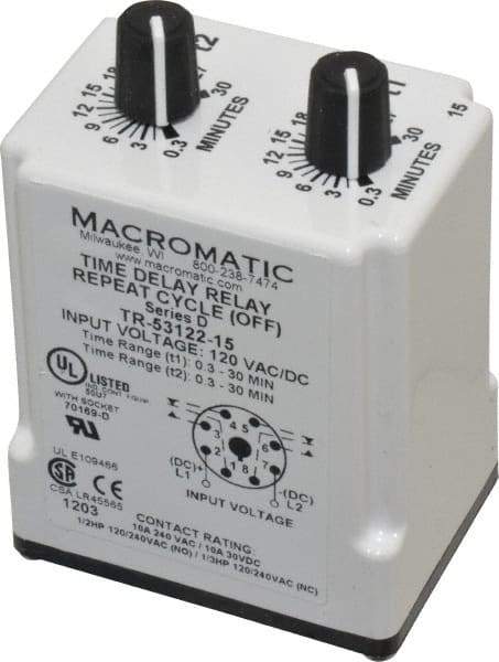 Macromatic - 8 Pin, 30 min Delay, Multiple Range DPDT Time Delay Relay - 10 Contact Amp, 120 VAC/VDC, Knob - Strong Tooling