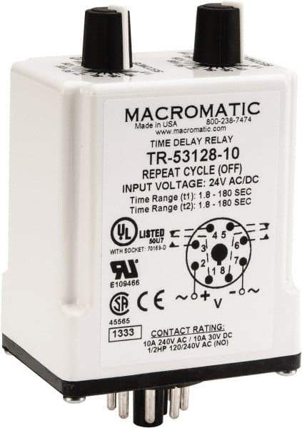 Macromatic - 8 Pin, Multiple Range DPDT Time Delay Relay - 10 Contact Amp, 24 VAC/VDC, Knob - Strong Tooling