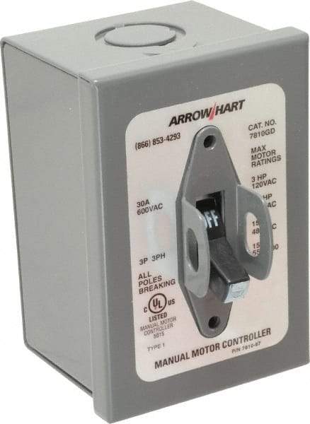 Cooper Wiring Devices - 3 Poles, 30 Amp, 3PST, NEMA, Enclosed Manual Motor Starter - 66.8mm Wide x 118.62mm Deep x 112.27mm High, 15 hp at 480 V, 15 hp at 600 V, 3 hp at 120 V & 7-1/2 hp at 240 V, CSA C22.2 No. 14, NEMA 1 & UL 508 - Strong Tooling