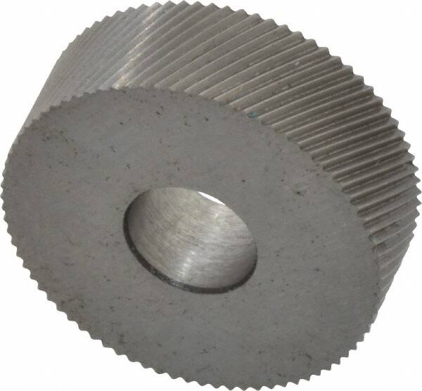 Made in USA - 3/4" Diam, 90° Tooth Angle, 40 TPI, Standard (Shape), Form Type High Speed Steel Right-Hand Diagonal Knurl Wheel - 1/4" Face Width, 1/4" Hole, Circular Pitch, 30° Helix, Bright Finish, Series KN - Exact Industrial Supply