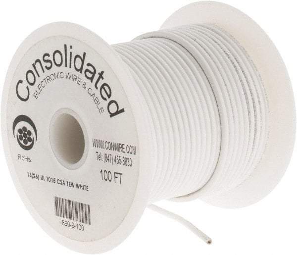 Made in USA - 16 AWG, 26 Strand, 100' OAL, Tinned Copper Hook Up Wire - White PVC Jacket, 0.117" Diam - Strong Tooling