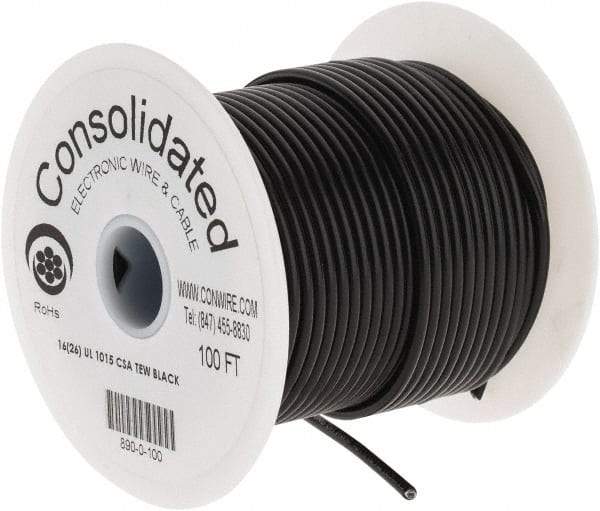 Made in USA - 16 AWG, 26 Strand, 100' OAL, Tinned Copper Hook Up Wire - Black PVC Jacket, 0.117" Diam - Strong Tooling