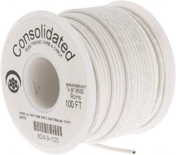 Made in USA - 16 AWG, 26 Strand, 100' OAL, Tinned Copper Hook Up Wire - White PVC Jacket, 0.092" Diam - Strong Tooling