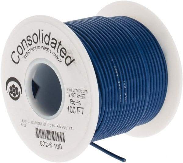 Made in USA - 18 AWG, 16 Strand, 100' OAL, Tinned Copper Hook Up Wire - Blue PVC Jacket, 0.08" Diam - Strong Tooling