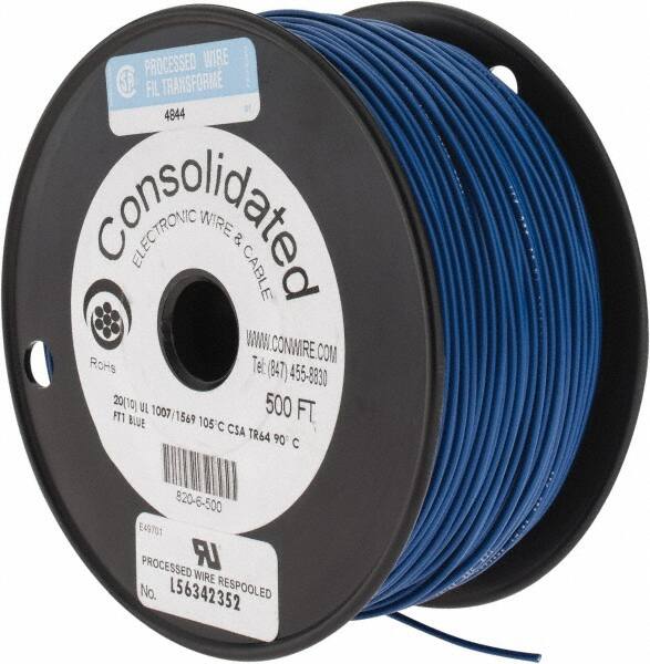 Made in USA - 20 AWG, 10 Strand, 500' OAL, Tinned Copper Hook Up Wire - Blue PVC Jacket, 0.07" Diam - Strong Tooling