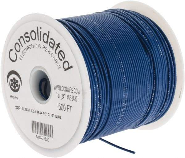 Made in USA - 22 AWG, 7 Strand, 500' OAL, Tinned Copper Hook Up Wire - Blue PVC Jacket, 0.062" Diam - Strong Tooling