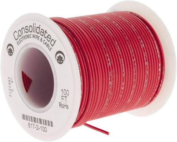 Made in USA - 24 AWG, 7 Strand, 100' OAL, Tinned Copper Hook Up Wire - Red PVC Jacket, 0.056" Diam - Strong Tooling