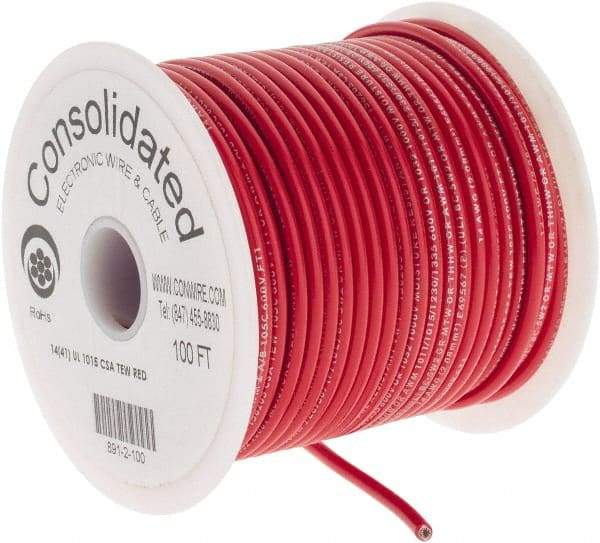 Made in USA - 14 AWG, 41 Strand, 100' OAL, Tinned Copper Hook Up Wire - Red PVC Jacket, 0.136" Diam - Strong Tooling