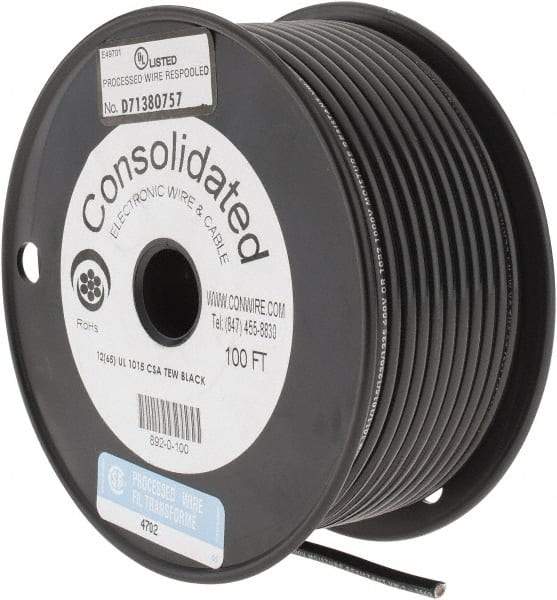 Made in USA - 12 AWG, 65 Strand, 100' OAL, Tinned Copper Hook Up Wire - Black PVC Jacket, 0.155" Diam - Strong Tooling