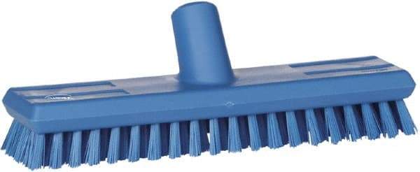 Vikan - 1" Bristle Length, Polyester Scrub Brush - 10-5/8" Long x 2-1/2" Wide Head, 11" OAL, European Threaded Handle, Blue, Polypropylene Block - Strong Tooling