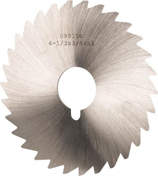 Made in USA - 4-1/2" Diam x 3/64" Blade Thickness x 1" Arbor Hole Diam, 36 Tooth Slitting and Slotting Saw - Arbor Connection, Right Hand, Uncoated, High Speed Steel, Concave Ground, Contains Keyway - Strong Tooling