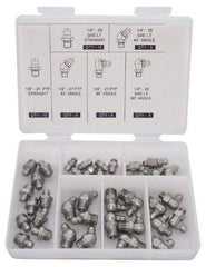 PRO-LUBE - 40 Piece, Inch, Box Plastic Stainless Steel Grease Fitting Set - Includes PTF, UNF Thread Types, Includes 1/4-28 SAE-LT: (10) Straight, (5) 45°, (5) 90°, 1/8-27 PTF: (10) Straight, (5) 45°, (5) 90° - Strong Tooling