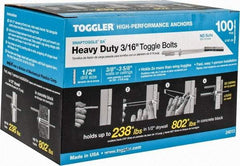 Toggler - 3/16" Screw, 6-1/4" Long, 3/8 to 3-5/8" Thick, Toggle Bolt Drywall & Hollow Wall Anchor - 3/16 - 24" Thread, 1/2" Drill, Zinc Plated, Steel, Grade 1010, Use in Drywall - Strong Tooling