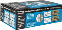 Toggler - 3/16" Screw, 6-1/4" Long, 3/8 to 3-5/8" Thick, Toggle Bolt Drywall & Hollow Wall Anchor - 3/16 - 24" Thread, 1/2" Drill, Zinc Plated, Steel, Grade 1010, Use in Drywall - Strong Tooling