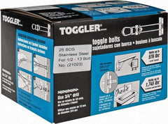 Toggler - 1/2" Screw, 6" Long, 3/8 to 2-1/2" Thick, Toggle Bolt Drywall & Hollow Wall Anchor - 1/2 - 13" Thread, 3/4" Drill, Uncoated, Stainless Steel, Grade 304, Use in Drywall - Strong Tooling