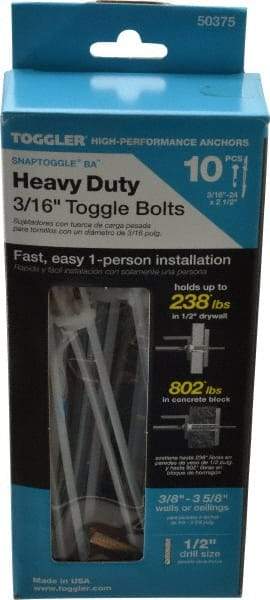 Toggler - 3/16" Screw, 6-1/4" Long, 3/8 to 3-5/8" Thick, Toggle Bolt Drywall & Hollow Wall Anchor - 3/16 - 24" Thread, 1/2" Drill, Zinc Plated, Steel, Grade 1010, Use in Drywall - Strong Tooling