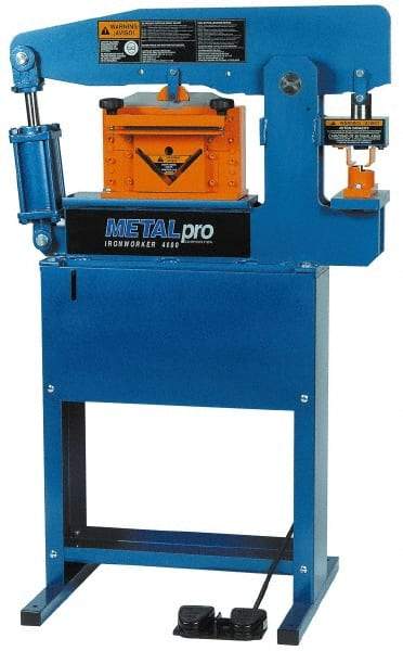 Metalpro - 3-3/4" Throat Depth, 45 Ton Punch Pressure, Ironworker - 1-1/2 hp, 1 Phase, 110 Volts, 37" Wide x 55-1/4" High x 24" Deep - Strong Tooling