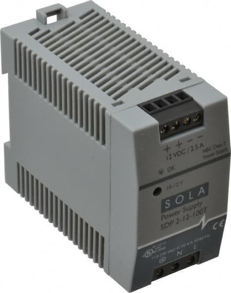 Sola/Hevi-Duty - 100 Watt, 3 to 2.5 Amp, 264 VAC, 375 VDC Input, 10 to 12 VDC Output, DIN Rail Power Supply - Screw Terminal Connection, 1 Output, 1.77 Inch Wide x 3.58 Inch Deep x 2.95 Inch High, Up to 80% Efficiency, 14 to 140°F, Green LED Display - Strong Tooling