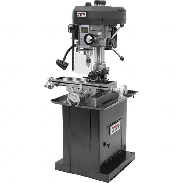 Jet - 1 Phase, 14-1/2" Swing, Step Pulley Mill Drill Machine - 23" Table Length x 7-1/2" Table Width, 14" Longitudinal Travel, 5-1/2" Cross Travel, 12 Spindle Speeds, 1 hp, 115/230 Volts - Strong Tooling