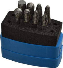 Made in USA - 8 Piece, 1/4" Shank Burr Set - Solid Carbide, Multiple Head Shapes, 14° Included Angle - Strong Tooling