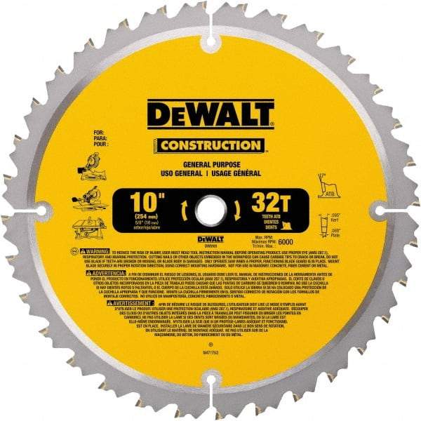 DeWALT - 10" Diam, 5/8" Arbor Hole Diam, 32 Tooth Wet & Dry Cut Saw Blade - Carbide-Tipped, General Purpose Action, Standard Round Arbor - Strong Tooling