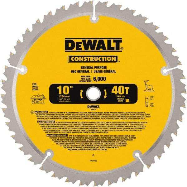 DeWALT - 10" Diam, 5/8" Arbor Hole Diam, 40 Tooth Wet & Dry Cut Saw Blade - Carbide-Tipped, General Purpose Action, Standard Round Arbor - Strong Tooling