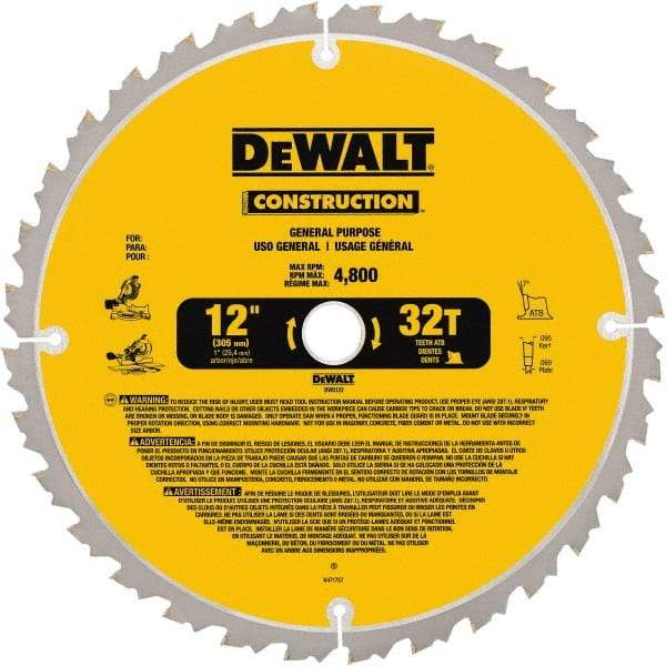 DeWALT - 12" Diam, 1" Arbor Hole Diam, 32 Tooth Wet & Dry Cut Saw Blade - Carbide-Tipped, General Purpose Action, Standard Round Arbor - Strong Tooling