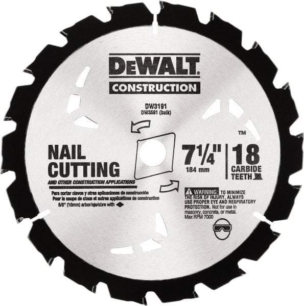 DeWALT - 7-1/4" Diam, 18 Tooth Wet & Dry Cut Saw Blade - Carbide-Tipped, Standard Round Arbor - Strong Tooling