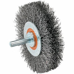 WALTER Surface Technologies - 1-3/8" OD, 1/4" Shank Diam, Crimped Steel Wheel Brush - 1/4" Face Width, 0.008" Filament Diam, 25,000 RPM - Strong Tooling