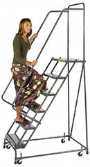 Ballymore - 73" 4 Step Ladder - Spring Loaded Rolling Safety Ladder, 450 Lb Capacity, 38" Platform Height, 30" Base Width x 35" Base Depth, Grip Strut - Strong Tooling