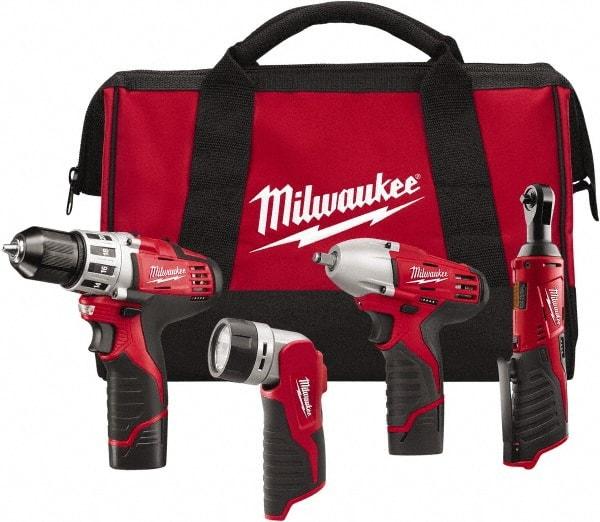 Milwaukee Tool - 12 Volt Cordless Tool Combination Kit - Includes 3/8" Square Drive Impact Wrench, 3/8" Drill/Driver, Work Light & 1/4" Ratchet, Lithium-Ion Battery Included - Strong Tooling