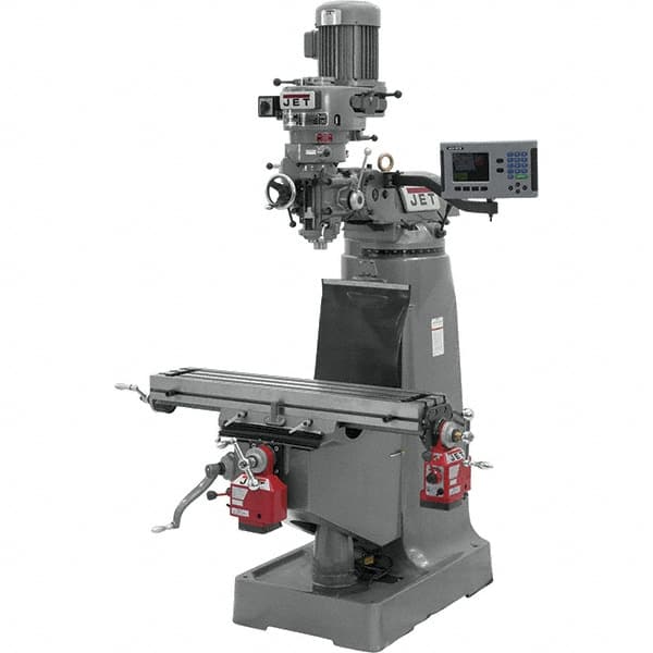 Jet - 9" Table Width x 42" Table Length, Step Pulley Control, 3 Phase Knee Milling Machine - R8 Spindle Taper, 2 hp - Strong Tooling