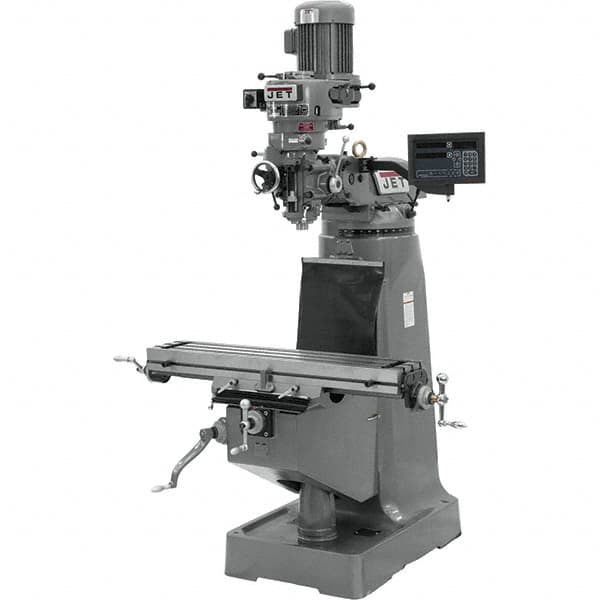 Jet - 9" Table Width x 42" Table Length, Step Pulley Control, 3 Phase Knee Milling Machine - R8 Spindle Taper, 2 hp - Strong Tooling