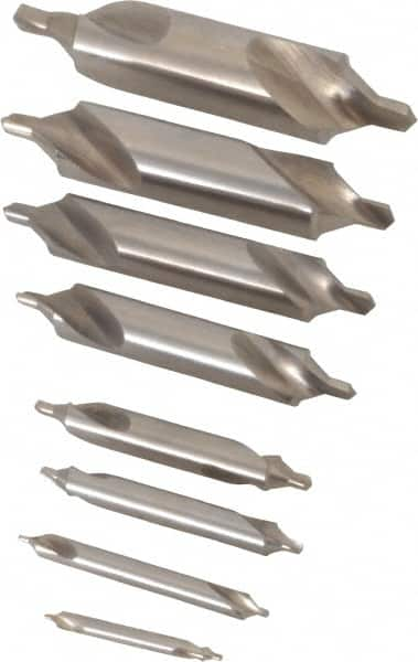 Chicago-Latrobe - 8 Piece, #11 to 18, 1/8 to 3/4" Body Diam, 3/64 to 1/4" Point Diam, Bell Edge, High Speed Steel Combo Drill & Countersink Set - 60° Incl Angle, 1/8 to 3-1/2" OAL, Double End, 217B Series Compatibility - Strong Tooling