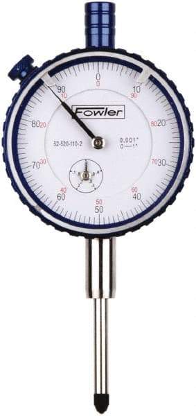 Fowler - 1" Range, 0-100 Dial Reading, 0.001" Graduation Dial Drop Indicator - 2-1/4" Dial, 0.1" Range per Revolution, Revolution Counter - Strong Tooling