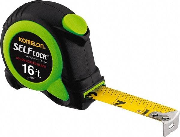 Komelon - 16' x 3/4" Yellow Steel Blade Tape Measure - 1/16" Graduation, Inch Graduation Style, High-Visibility Green/Black ABS Plastic Case - Strong Tooling