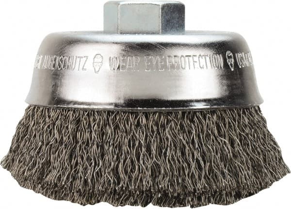 Cup Brush: 3-1/2″ Dia, 0.014″ Wire Dia, Steel, Crimped 5/8-11 Arbor Hole, 7/8″ Trim Length, 12,000 Max RPM