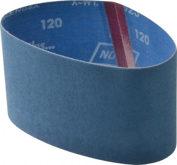Norton - 3-1/2" Wide x 15-1/2" OAL, 120 Grit, Zirconia Alumina Abrasive Belt - Zirconia Alumina, Fine, Coated, Y Weighted Cloth Backing, Series R823 - Strong Tooling