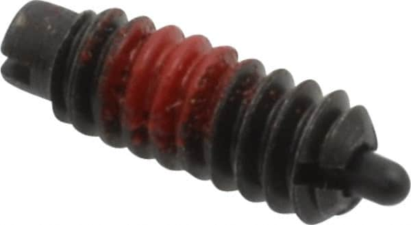 Jergens - 6-32, 3/8" Thread Length, 1/16" Plunger Projection, Steel Threaded Spring Plunger - 0.046" Max Plunger Diam, 3/8" Plunger Length, 0.5 Lb Init End Force, 3.5 Lb Final End Force - Strong Tooling