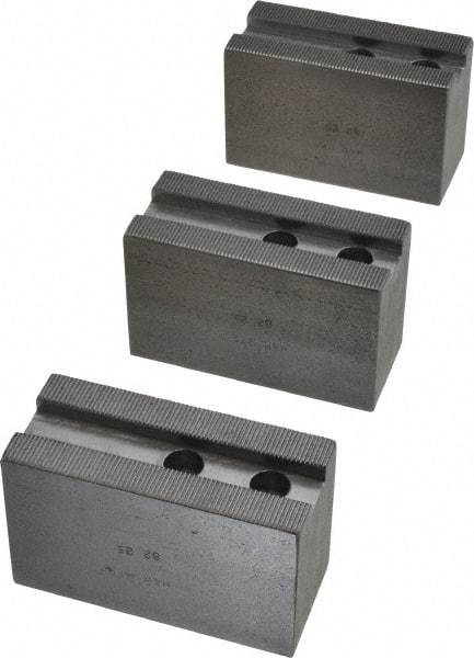 H & R Manufacturing - 1.5mm x 60° Serrated Attachment, Square Soft Lathe Chuck Jaw - 3 Jaws, Steel, 1.181" Btw Mount Hole Ctrs, 4" Long x 1-3/4" Wide x 2-1/2" High, 0.63" Groove, 12mm Fastener - Strong Tooling