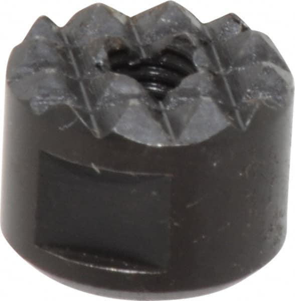 Fairlane - 10-32 Thread, 1/2" Diam, 3/8" High, Threaded, Fine Tooth Grade Diamond Serration Tooth Pattern, High Speed Steel, Round Positioning Gripper - 3/16" Flat Width, Black Oxide Coated - Strong Tooling