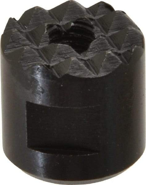 Fairlane - 10-32 Thread, 1/2" Diam, 1/2" High, Threaded, Fine Tooth Grade Diamond Serration Tooth Pattern, High Speed Steel, Round Positioning Gripper - 3/16" Flat Width, Black Oxide Coated - Strong Tooling